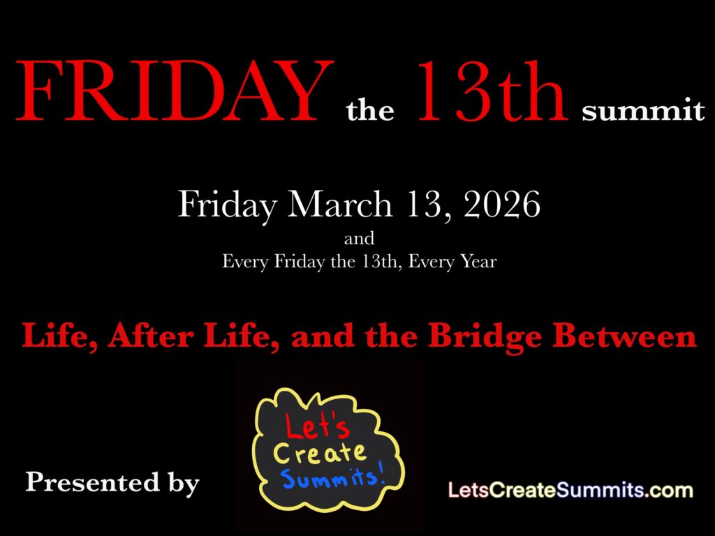 Image of Friday the 13th event with date, title, logo, and website. Red and white font on black background.